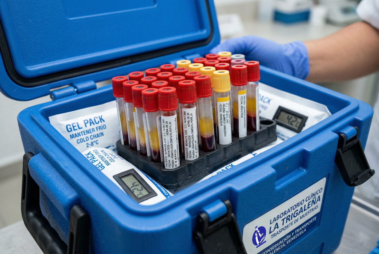 Transporte seguro de muestras de laboratorio clínico en Venezuela - Secure clinical laboratory sample transport in Venezuela.