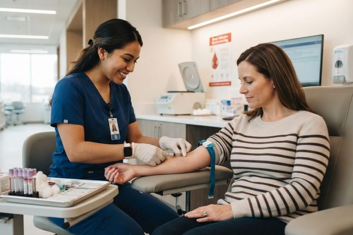 Profesional de laboratorio extrayendo muestra de sangre para despistaje de fatiga - Healthcare professional drawing blood sample for fatigue screening in Venezuela